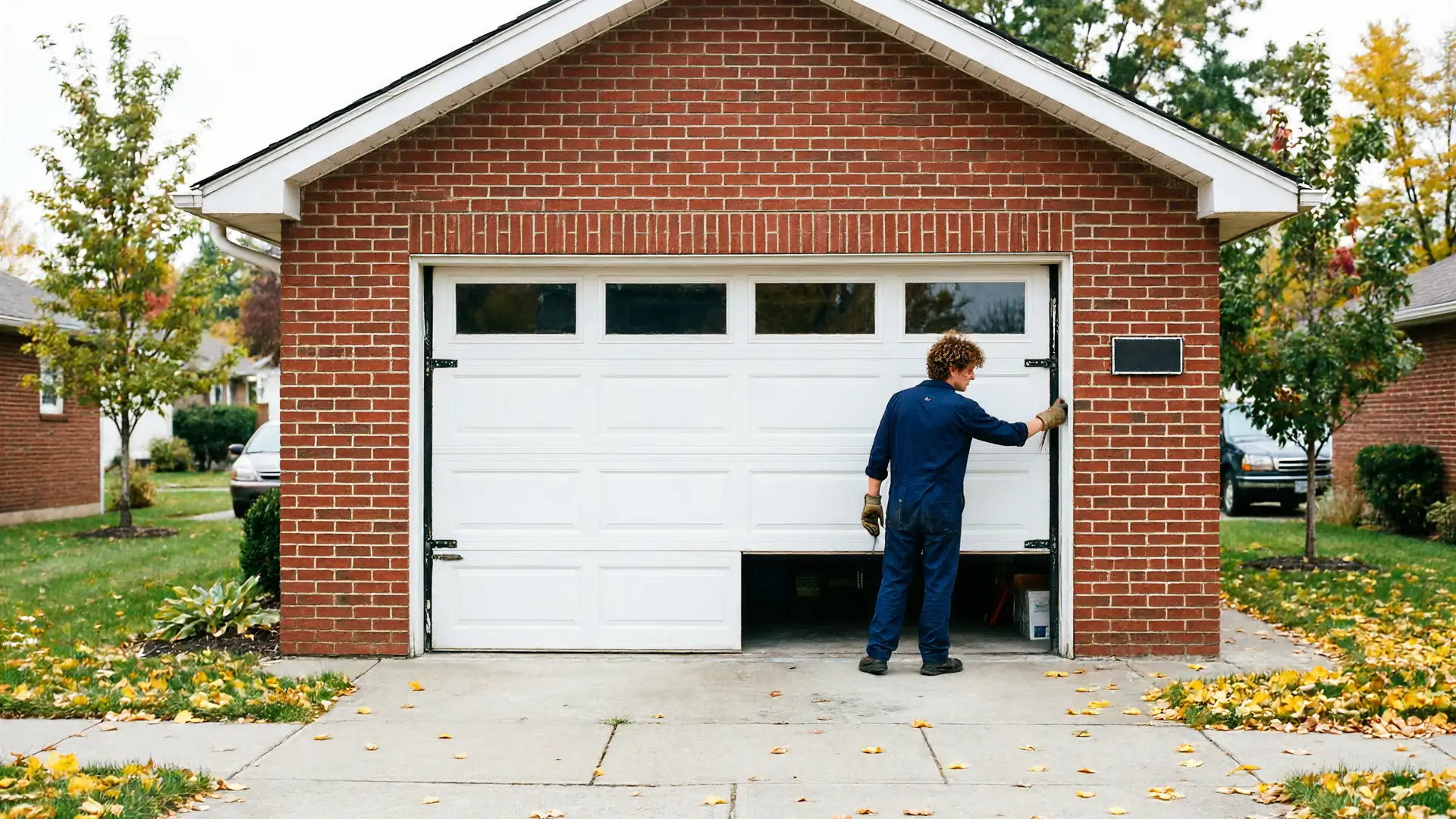 A technician in a blue uniform is working on a white garage door.