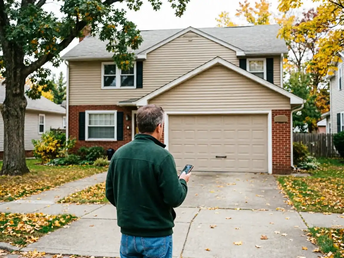 A man stands in a driveway looking at a phone in front of a house.