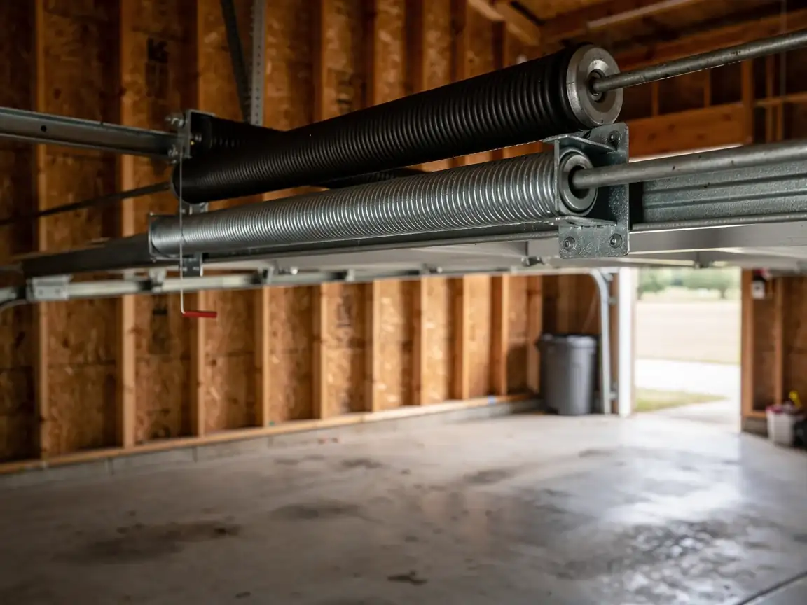 Two garage door torsion springs are mounted above an open garage door.