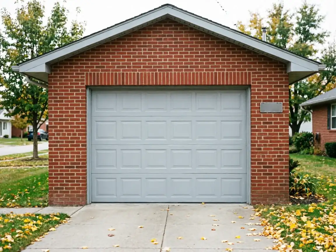 A light gray garage door is on a red brick garage with a concrete driveway.
