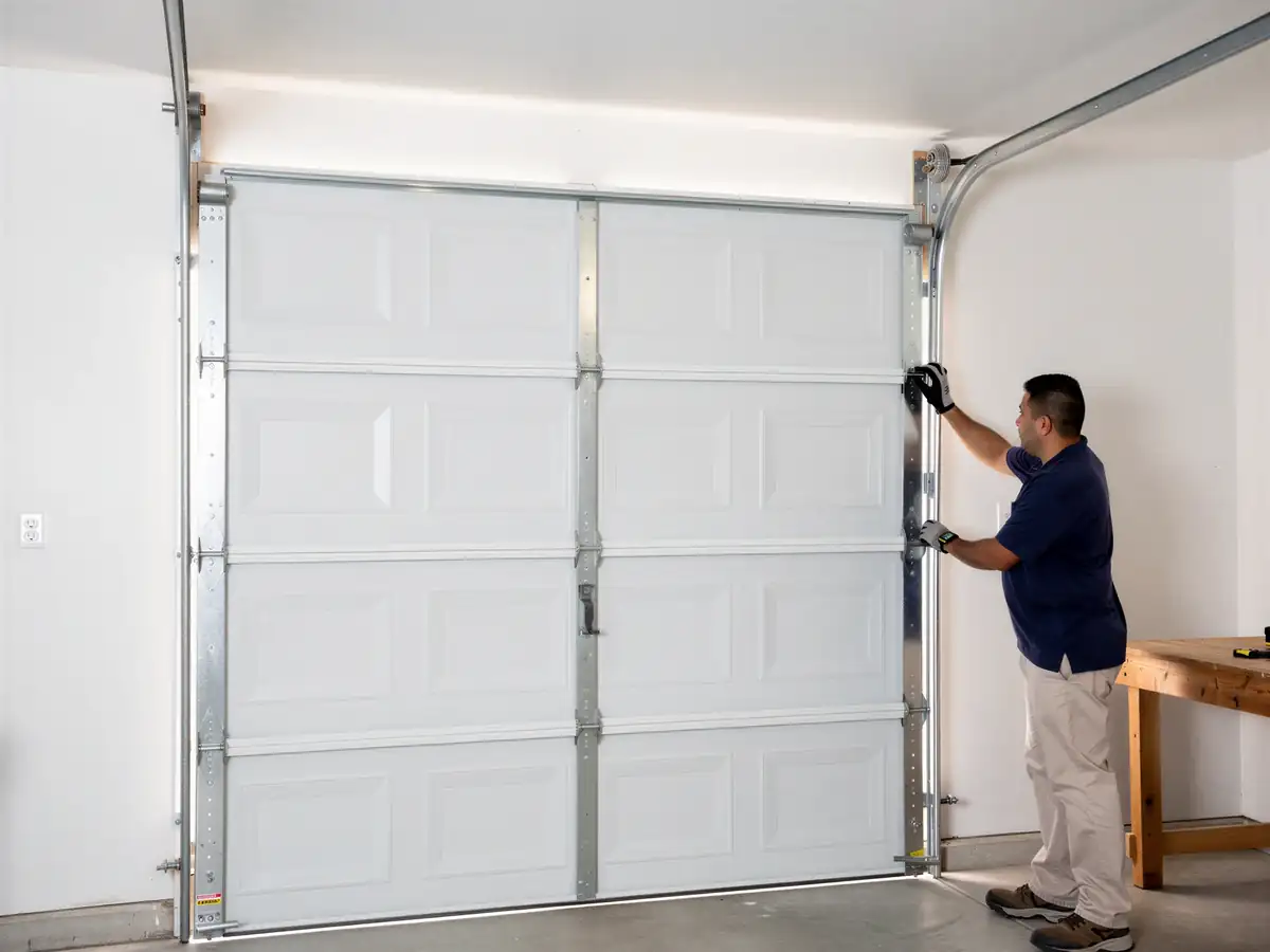 A technician in gloves adjusts the rollers on a white garage door.