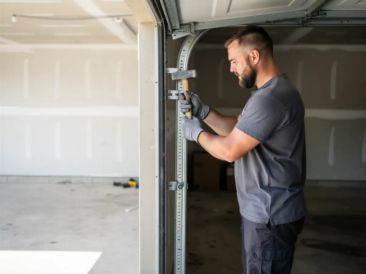 A technician in gloves uses a hammer on a garage door track.